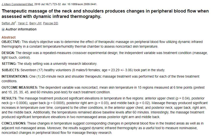 Therapeutic massage of the neck and shoulders produces changes in peripheral blood flow when assessed with dynamic infrared thermography.