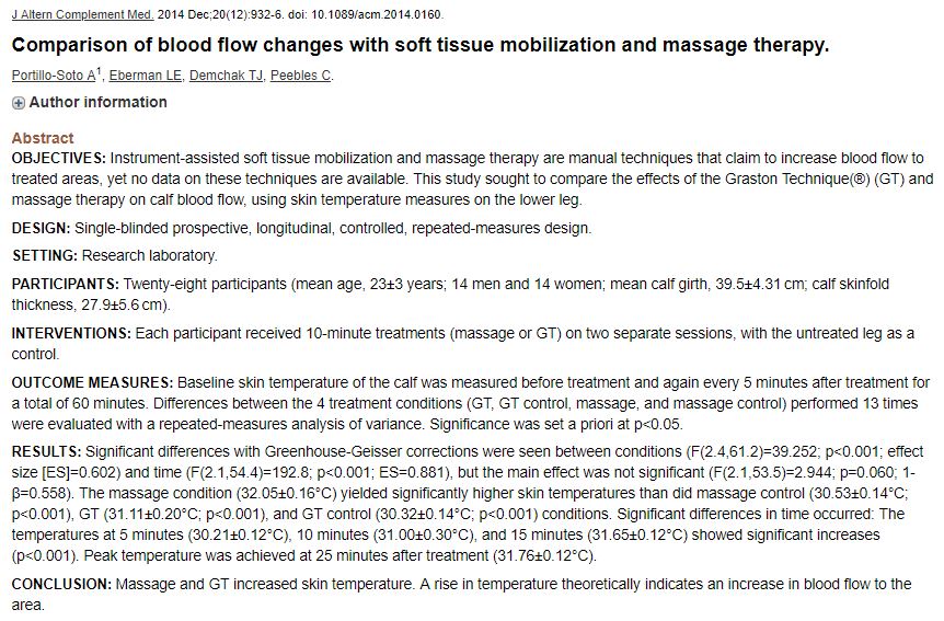 Comparison of blood flow changes with soft tissue mobilization and massage therapy.