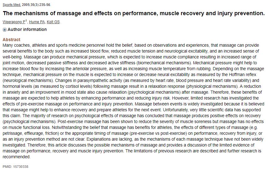 The mechanisms of massage and effects on performance, muscle recovery and injury prevention.